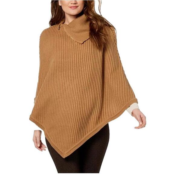 MICHAEL KORS Zippered Ribbed-Knit Poncho OS Camel NWT #4 - Picture 3 of 12